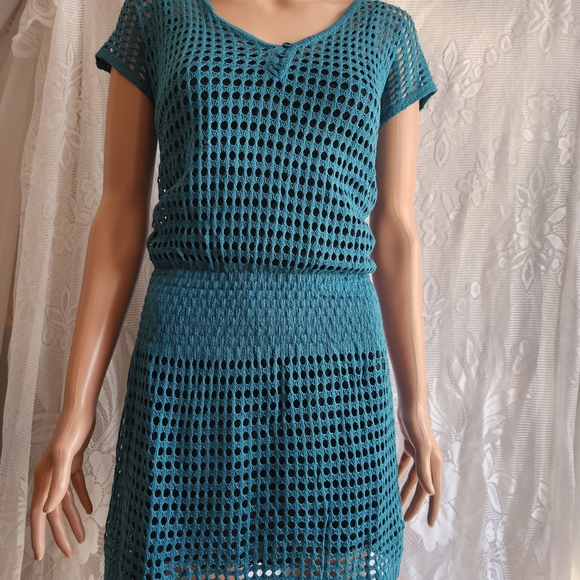 Women’s Teal Crochet Swim Coverup Dress with Button V-Neck - Picture 4 of 6